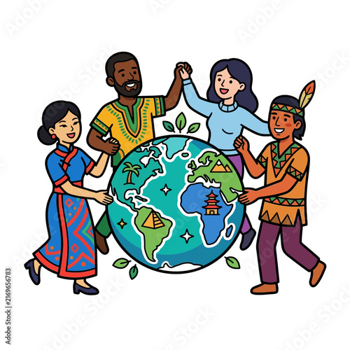 A celebration of global diversity and unity where people from different backgrounds hold a globe to represent a multicultural and peaceful community.