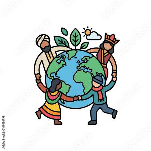 Global unity and diversity represented by people holding hands around the planet to protect the environment and build a strong community.