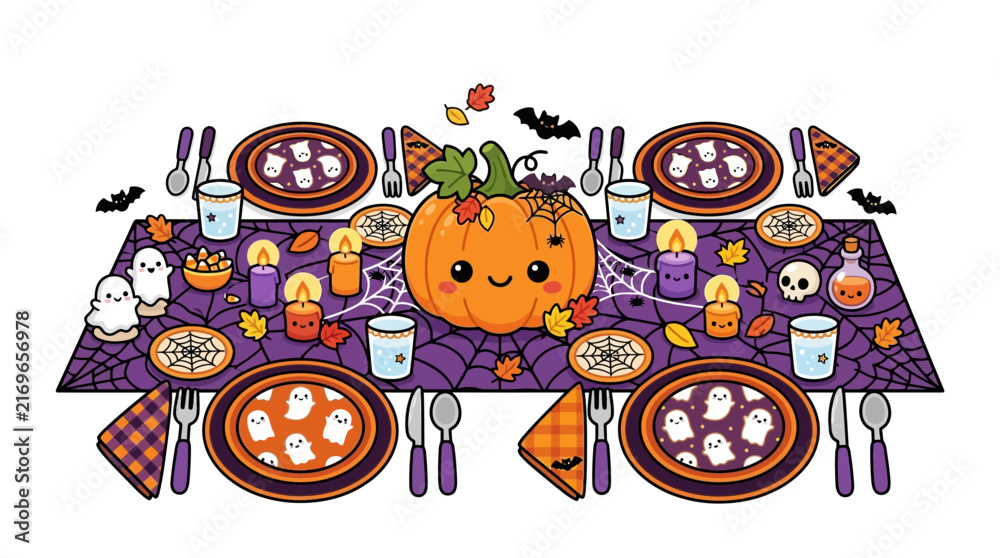 Fototapeta premium Halloween dinner party table setting with pumpkin.