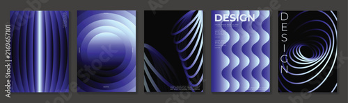 Abstract geometric poster templates set. Vector purple gradient backgrounds with curved shapes, waves and glowing forms for branding, covers, flyers and modern creative layouts
