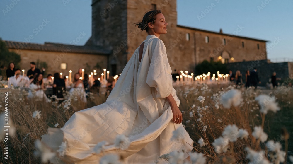Naklejka premium Mariée en robe blanche marchant dans un champ fleuri au crépuscule devant un château