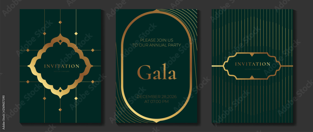 Naklejka premium Luxury invitation templates set. Vector dark green and gold elegant frames with geometric lines and ornamental borders for gala events, wedding cards, formal parties and premium stationery
