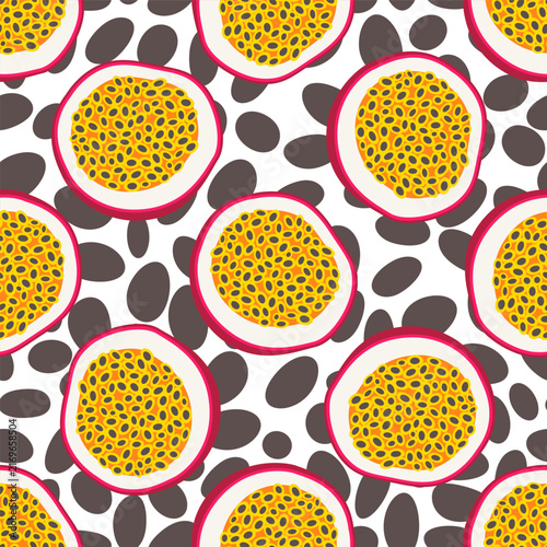 Cute passion fruit halves vector seamless pattern, vibrant maracuya tropical fruit slices with purple magenta skin and scattered dark spots over clean white background. Bold exotic passion fruit motif