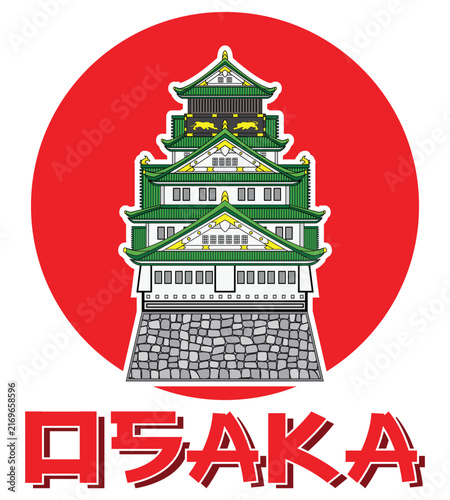 Line art Illustration vector symbols of Japan with Japan style castle Osaka Castle background with red circle drawing in colorful