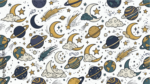 Seamless celestial pattern with planets moons and stars in navy gold.