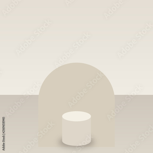 Beige studio mockup background featuring arch shape wall and cylinder podium stand