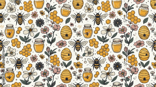 Charming honey bee seamless pattern, rustic floral and honeycomb vector background, sweet nature-inspired design for packaging and textiles, cute insect and flower illustration.