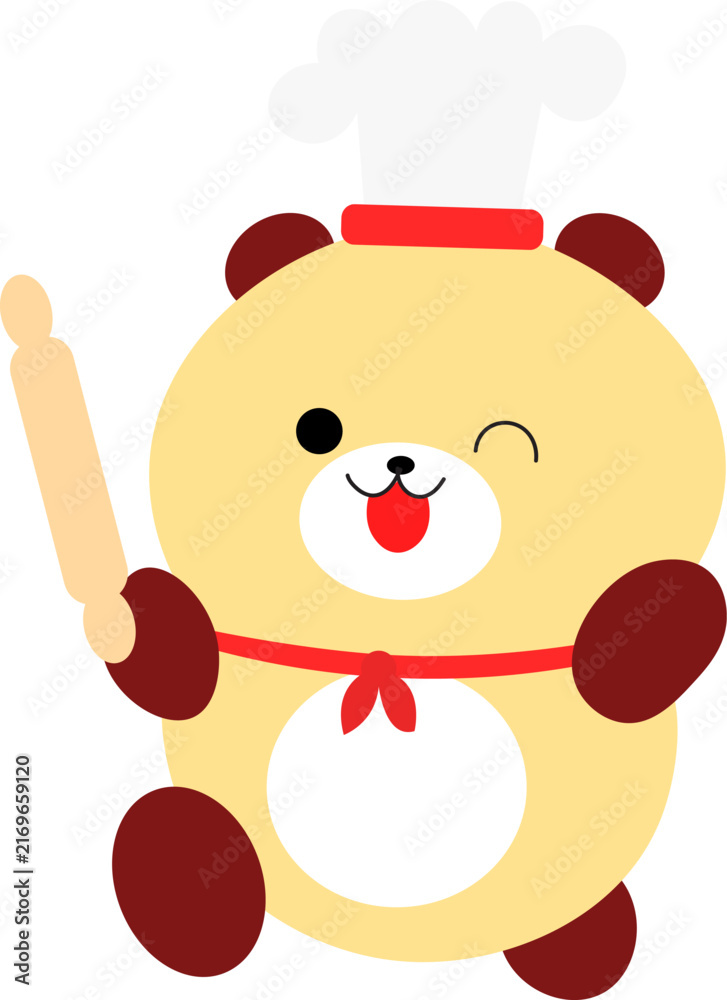 Fototapeta premium Bear Baker Wearing Chef Hat And Holding Rolling Pin