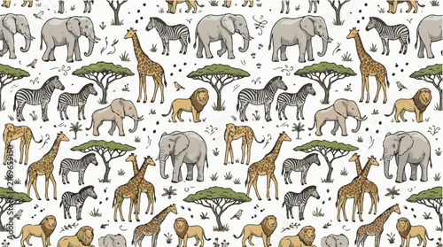 Safari animal seamless pattern, hand-drawn wildlife illustration, African savanna creatures, jungle safari vector background for textiles and decor