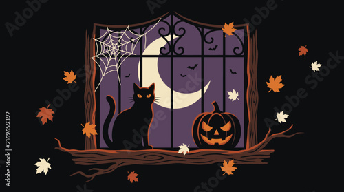 Spooky Halloween night vector illustration, black cat and jack-o-lantern by a moonlit window, autumn leaves and spider web background