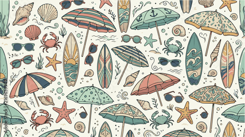 Seamless summer beach doodle pattern with surfboards and umbrellas in coral.