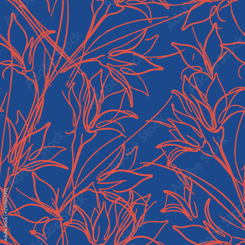Minimalist seamless pattern with red outline sketch flowers on royal blue background. Perfect for modern fashion textiles, fabric, and decor.