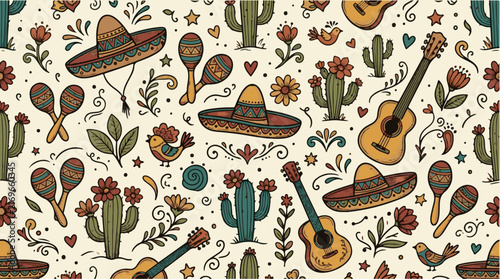 Mexican folk seamless pattern with sombrero guitar cactus in terracotta teal