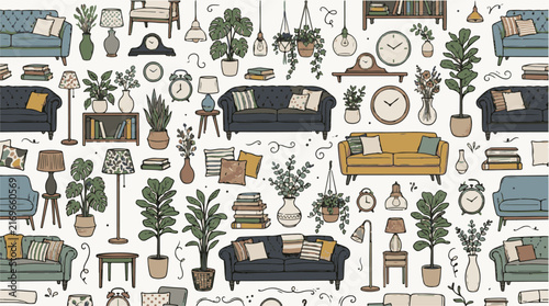 Seamless living room objects pattern with sofa and plants in earth tones