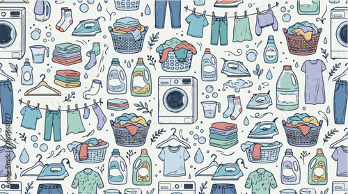 Seamless laundry room pattern with washing machines and irons in cool tones