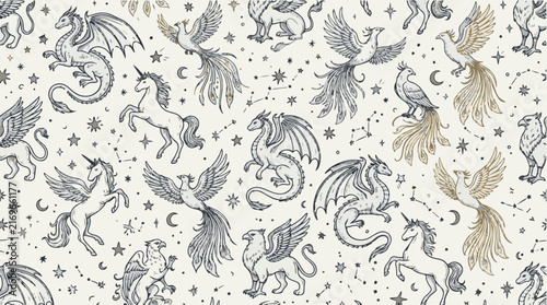 Seamless mythical creatures pattern with dragons and unicorns in gold blue.