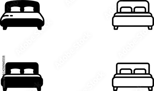 Foto Collection of double bed icons in silhouette and line art styles for hotel and r