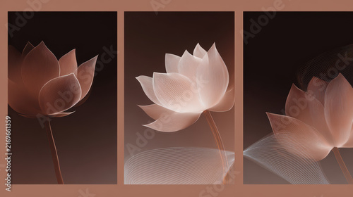 Lotus flower triptych geometric line art abstract close up pastel bloom in three panels on brown background, serene modern wall art design