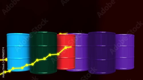 3D Oil Barrels with Rising Price Chart Animation Representing Energy Market Growth, Increasing Oil Prices, Commodity Trading and Economic Trends