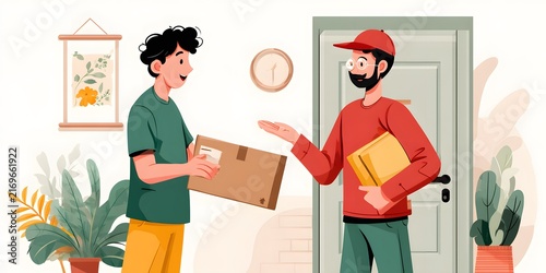 Young man receives a cardboard parcel from a delivery courier at his home doorway.