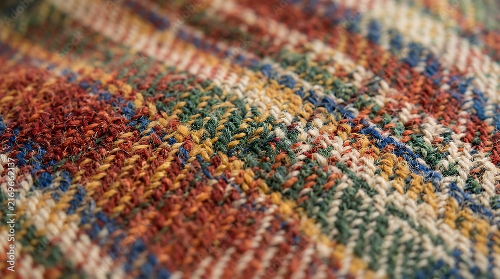 Fototapeta premium Close Up Macro Shot Of Vibrant Multi Colored Woven Wool Blend Textile Material With Diagonal Twill Pattern Texture Warm Soft Blanket Fabric Detail fabric wool plaid tartan texture macro pattern