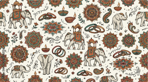 Indian culture seamless pattern with elephant mandala diya in teal orange