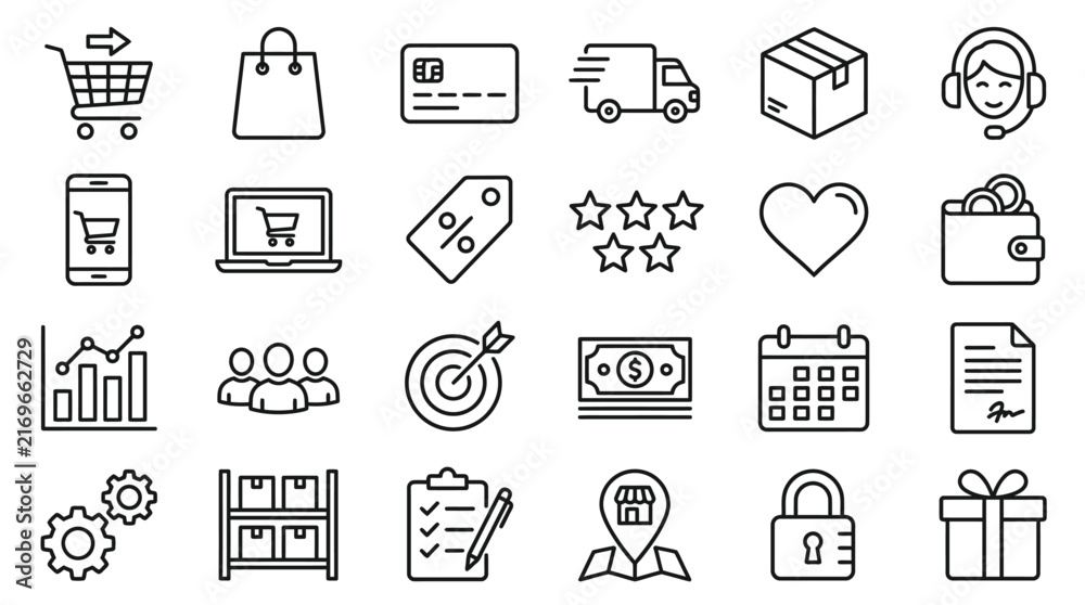 Fototapeta premium Office equipment icons set featuring sleek linear designs of workplace tools like computers printers desk lamps calendars and stationery items on clean white background surface