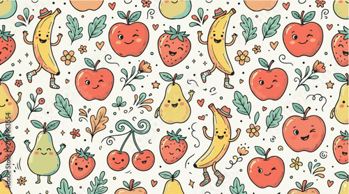 Seamless kawaii funny fruit character pattern in coral red and mint green.