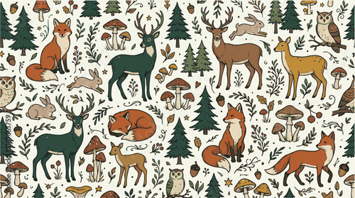 Forest animals seamless pattern, woodland creatures and nature elements vector, rustic wildlife illustration, autumnal forest background for fabric and decor