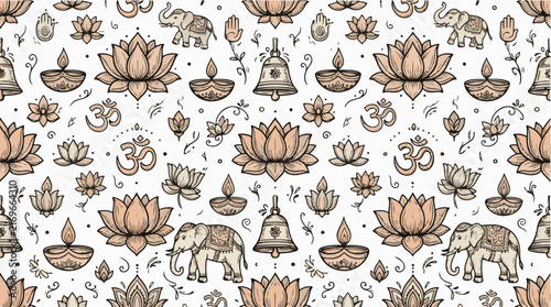 Seamless Hindu inspired pattern with lotus elephant and om in peach