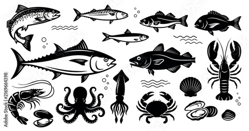 Black and white vector seafood and fish illustration set. Includes tuna, salmon, cod, mackerel, shrimp, octopus, squid, crab, lobster, and various shellfish. Retro engraved style icons isolated on a l