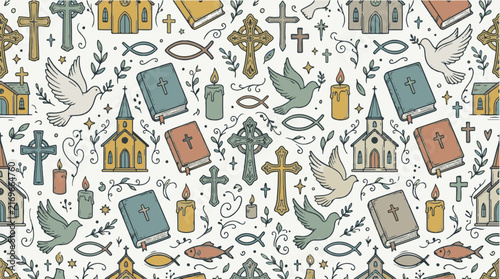 Christian doodle seamless pattern in slate mustard and rust line art.