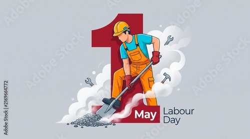Labour Day celebration banner with worker illustration. May 1 International Workers Day graphic. Construction man with shovel and tools.
