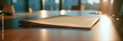 Document waiting on conference table in boardroom. Document stack sitting on a reflective conference table in an empty modern office