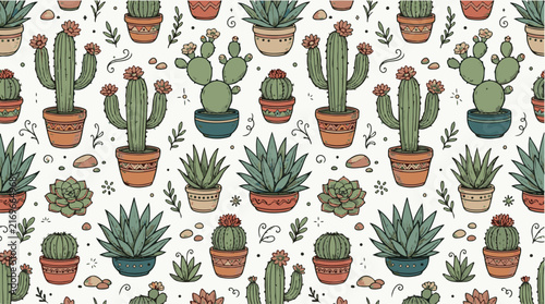 Desert Cactus and Succulent Seamless Pattern, Hand-Drawn Botanical Vector Illustration, Bohemian Houseplant Background, Southwestern Flora Design for Fabric and Wallpaper