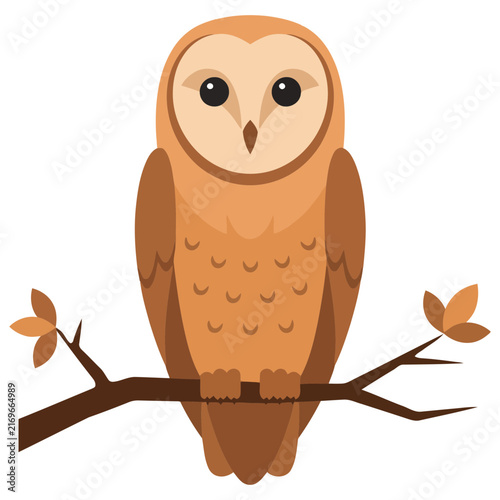 Barn owl perched on a branch in flat design style during autumn