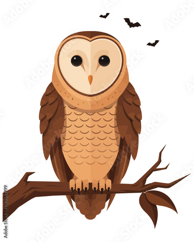 Barn owl illustration with bats during autumn night concept flat design