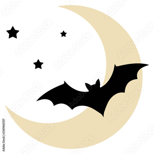 Bat flying against a crescent moon with stars vector illustration