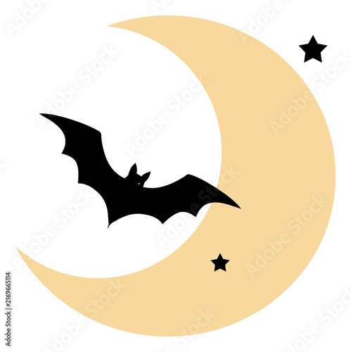 Bat flying against crescent moon with stars during night Vector Illustration