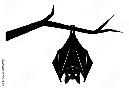 Bat hanging upside down on a branch during nighttime vector illustration