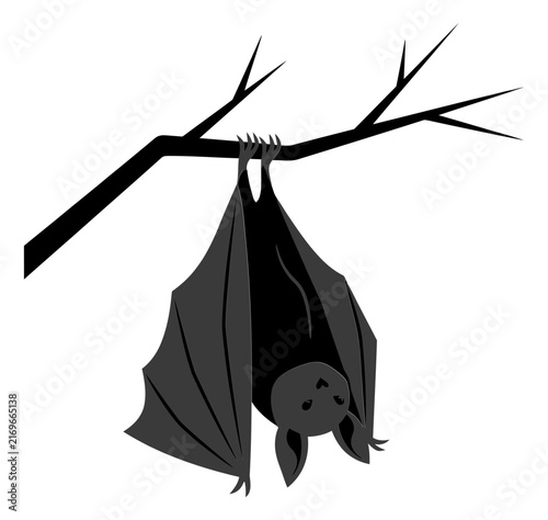 Bat hanging upside down on a bare tree branch during twilight vector illustration