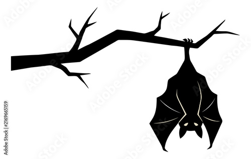 Bat hanging upside down on a bare tree branch during Halloween night vector illustration