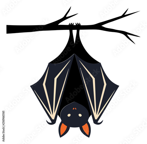 Bat hanging upside down on a tree branch during Halloween night vector illustration