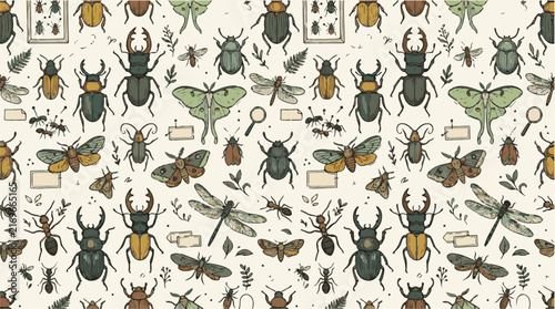 Vintage entomology seamless pattern, hand-drawn insect collection, natural history museum bug illustration, antique beetle and moth vector background for textile design.