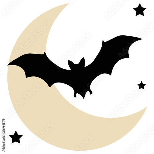 Bat silhouette flying across crescent moon with stars in night sky vector illustration