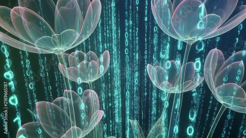 Digital Lotus Flowers Blooming in Binary Code Rain - Abstract Technology Concept