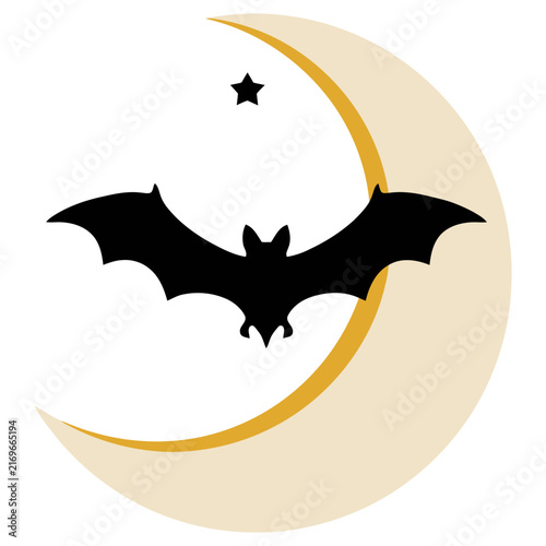 Bat silhouette flying against crescent moon and star during Halloween night vector illustration