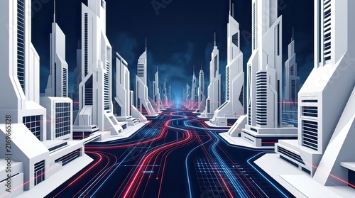 Futuristic Cityscape with Neon Light Trails on Wide Digital Avenue