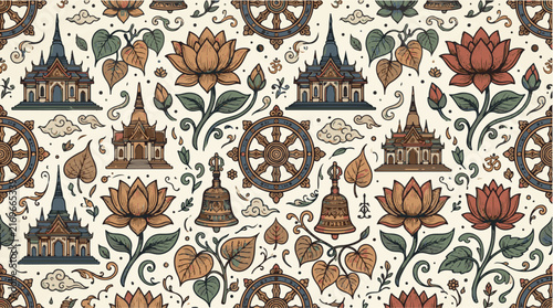 Buddhist inspired seamless pattern in terracotta green and yellow etching.