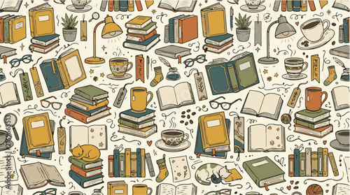 Seamless reading bookworm doodle pattern with books and coffee in mustard.